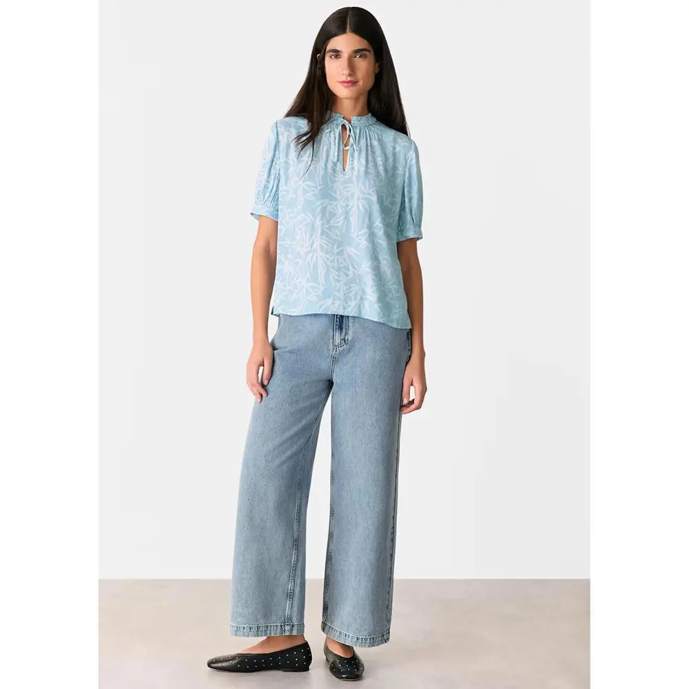 Whistles Blue Bamboo Leaves Tie Neck Blouse